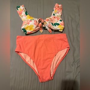 High waisted coral flora print swimsuit